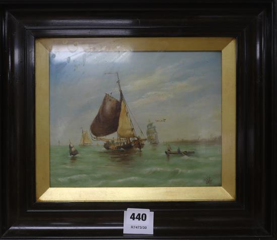 19th century English School, oil on canvas, Dutch fishing gaffs on the Scheldt, monogrammed and inscribed verso, 19 x 24cm